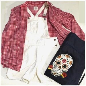 3pc Set w Skull Bag H&M Gingham Seersucker Shirt, Overall shorts